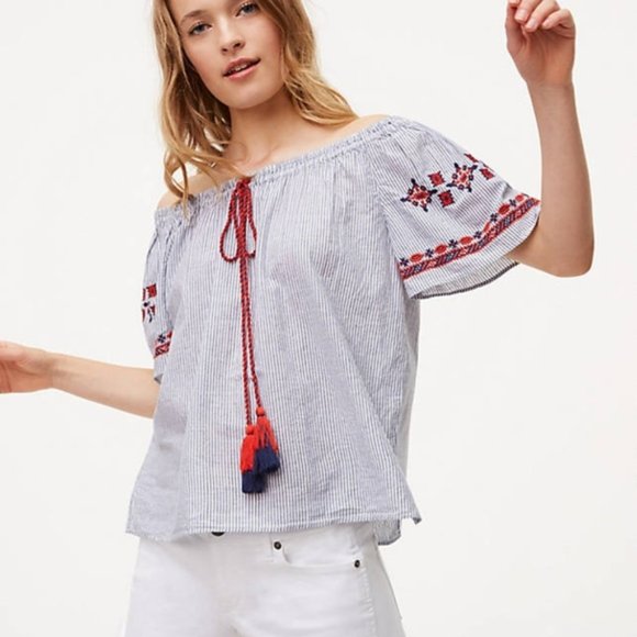LOFT Tops - LOFT Playa Off Shoulder Embroidered Tassel Top M